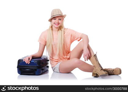 Young woman ready for summer vacation on white