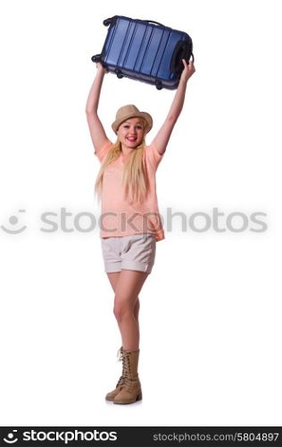 Young woman ready for summer vacation on white