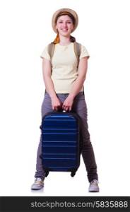 Young woman ready for summer vacation on white