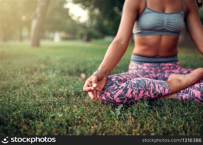 Young woman relax in yoga pose on the grass. Morning yogi meditation. Young woman relax in yoga pose on the grass