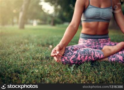 Young woman relax in yoga pose on the grass. Morning yogi meditation. Young woman relax in yoga pose on the grass
