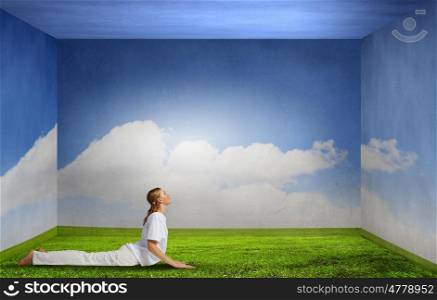 Young woman representing soul balance and meditation concept. Recreation and relax