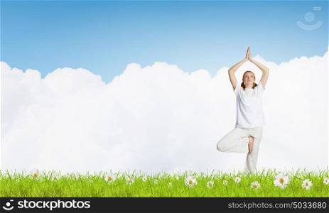Young woman representing soul balance and meditation concept. Recreation and relax
