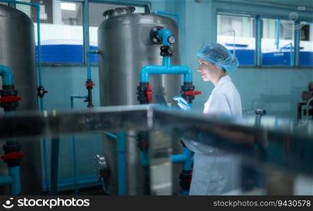 Young woman researcher in white coat and blue hat working at drinking water factory