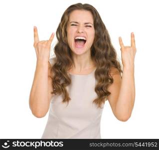 Young woman rock gesturing