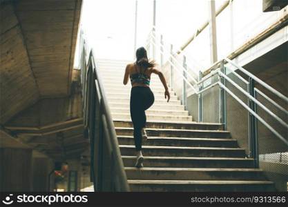 Young woman running alone up stairs  outdoor