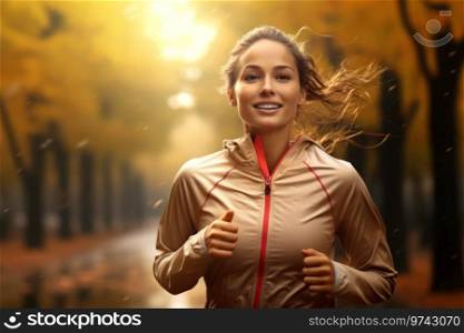 Young woman running outdoor during workout on autumn day. Woman jogging in park. Active woman. Cardio training. Physical fitness. Cardio workout. Healthy lifestyle. Daily routine. Body exercises