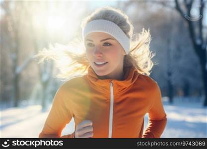 Young woman running outdoor during workout on winter day. Woman jogging in park. Active woman. Cardio training. Physical fitness. Cardio workout. Healthy lifestyle. Daily routine. Body exercises