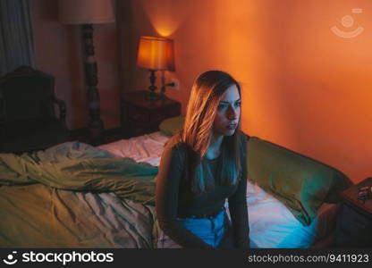 Young woman sadly sitting alone on the bed late at night. She has anxiety, insomnia or other problems