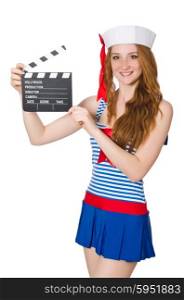 Young woman sailor with movie board