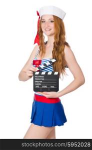 Young woman sailor with movie board