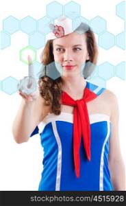 Young woman sailorpressing virtual buttons
