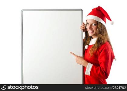 Young woman santa with blank board