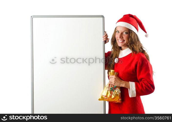 Young woman santa with blank board