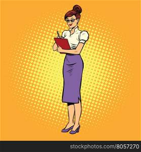 Young woman Secretary writes, pop art retro vector illustration. Businesswoman at work