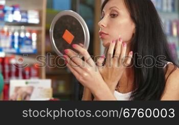 Young Woman Shopping for Beauty Care Products, Testing Makeup Foundation