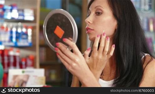 Young Woman Shopping for Beauty Care Products, Testing Makeup Foundation