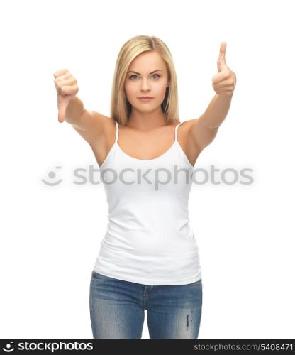 young woman showing good and bad signs