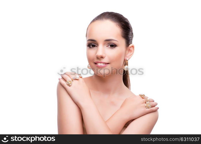 Young woman showing off jewellery isolated on white