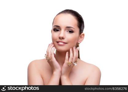 Young woman showing off jewellery isolated on white
