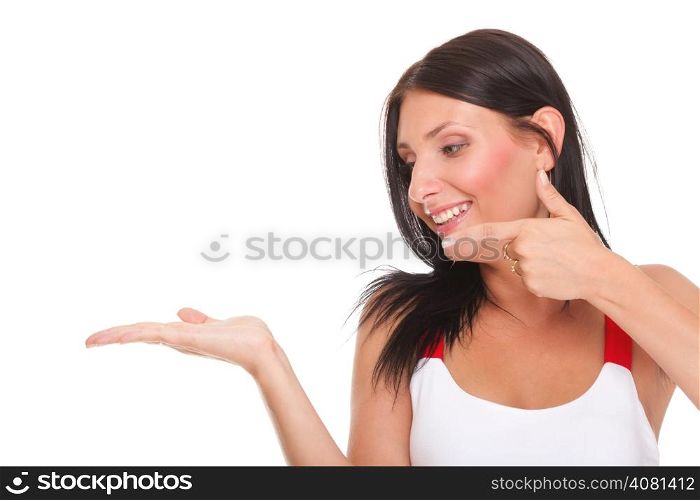 Young woman showing product with open hand palm - excited expression on businesswoman Isolated on white background.