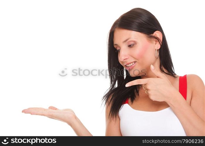 Young woman showing product with open hand palm - excited expression on businesswoman Isolated on white background.