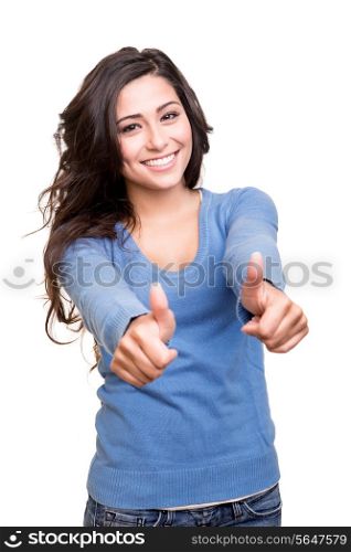 Young woman showing thumbs up over white background