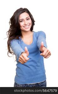 Young woman showing thumbs up over white background