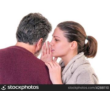 Young woman side portrait speaking in the ear of mature man showing from behind, horizontal shot over white
