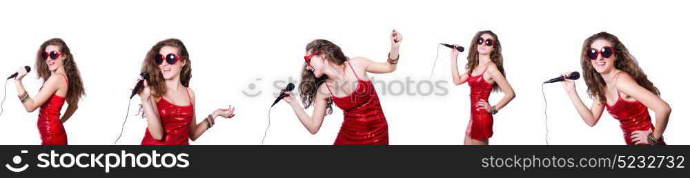 Young woman singing isolated on white