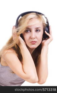 young woman singing with headphones isolated on white background