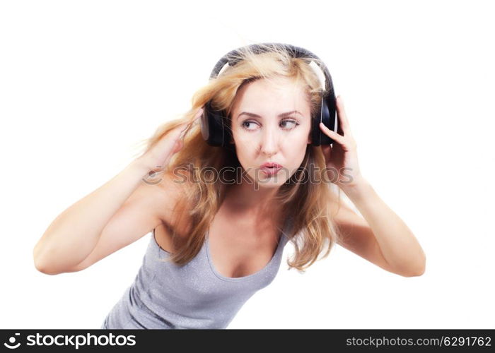young woman singing with headphones isolated on white background