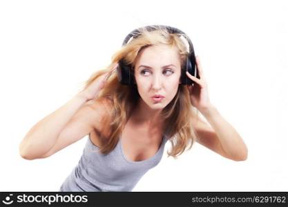 young woman singing with headphones isolated on white background
