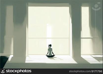 Young woman sits in a Yoga Pose and meditates at home, in a large empty room with big window. High quality illustration. Young woman sits in a Yoga Pose and meditates at home, in a large empty room with big window