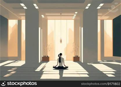 Young woman sits in a Yoga Pose and meditates at home, in a large empty room with big window. High quality illustration. Young woman sits in a Yoga Pose and meditates at home, in a large empty room with big window