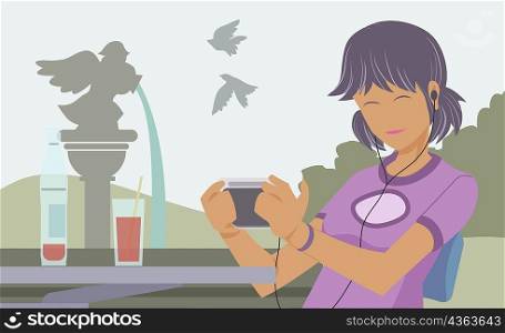Young woman sitting at a cafe holding a cup of coffee