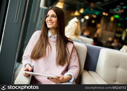 Young woman sitting in a cafe and holding a tablet in the hands