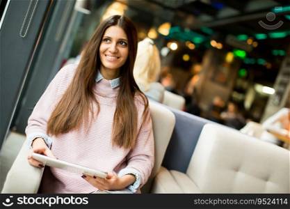 Young woman sitting in a cafe and holding a tablet in the hands