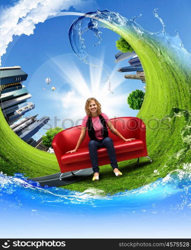 Young woman sitting on a red sofa and nature background behind her