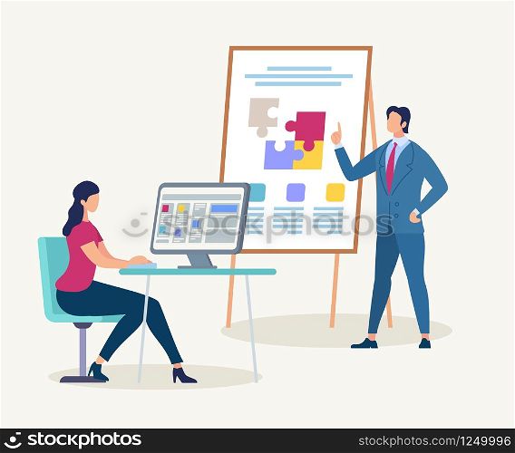 Young Woman Sitting on Chair at Desk with Computer Watching Presentation of Confident Male Business Trainer Character in Suit Pointing on Flip Board with Puzzle Pieces Cartoon Flat Vector Illustration. Woman Watching Coach Man Making Presentation