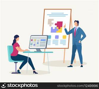 Young Woman Sitting on Chair at Desk with Computer Watching Presentation of Confident Male Business Trainer Character in Suit Pointing on Flip Board with Puzzle Pieces Cartoon Flat Vector Illustration. Woman Watching Coach Man Making Presentation