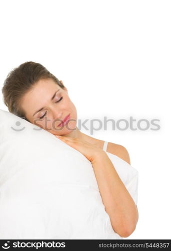 Young woman sleeping on pillow isolated on white