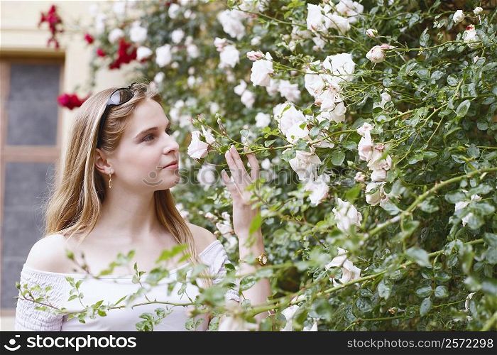 Young woman smelling a rose