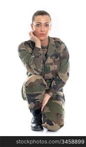young woman soldier in front of white background