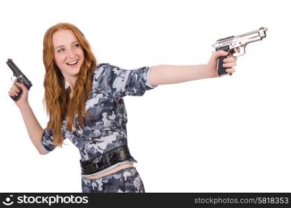 Young woman soldier with gun on white