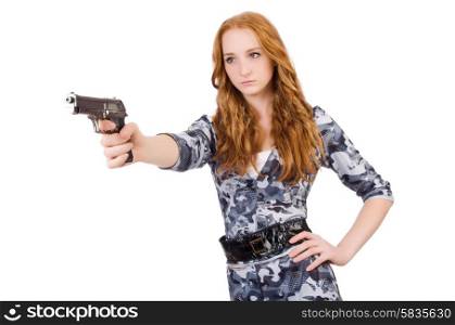 Young woman soldier with gun on white