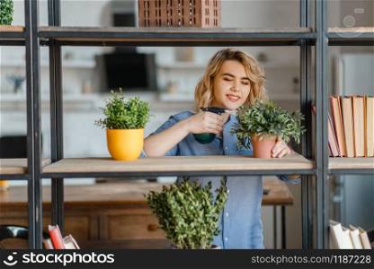 Young woman sprays home plants on the shelf in living room, florist hobby. Female person takes care of domestic flowers, flora growing, gardening
