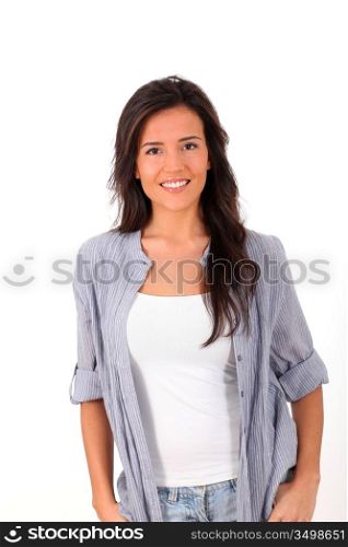 Young woman standing on white background