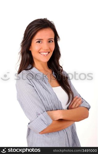 Young woman standing with arms crossed on white background