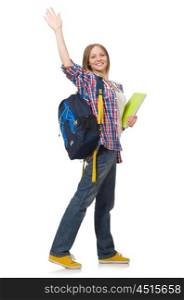 Young woman student with backpack isolated on white